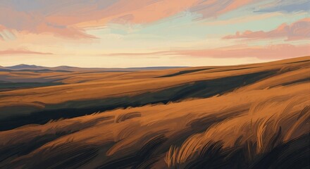 Digital painting of vast landscape with rolling golden hills. Impressionistic prairie scenery at sunset. Artistic nature background with expressive brushstrokes
