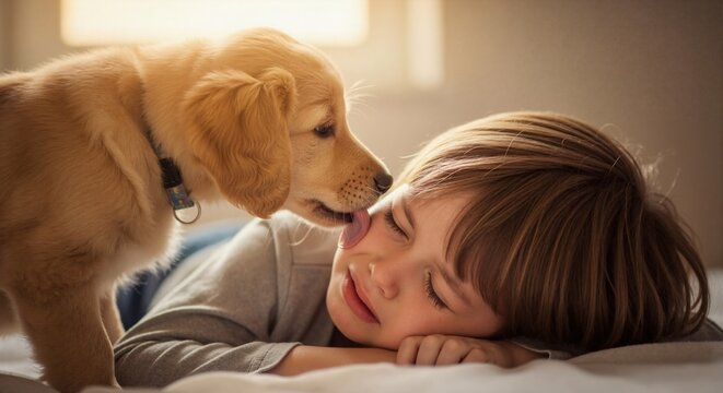 Affectionate golden retriever puppy licking young boy's face on bed. Cute dog showing love and friendship to child at home. Bond between kid and his pet