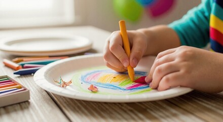 Close-up of child's hands drawing with colorful crayons on paper plate. Kid doing arts and crafts activity at table. Childhood creativity and development concept
