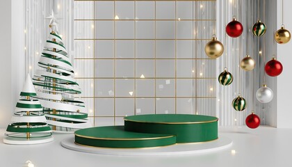 Festive Christmas Scene with Modern Decorations and Stage.