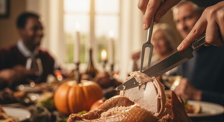 Hands carving roasted turkey for festive holiday dinner. Multi-generational family celebrating Thanksgiving together