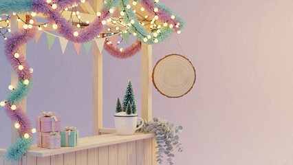 Festive Christmas market stall with pastel decorations and gifts. Holiday background with glowing lights and blank wooden sign for mockup with copy space