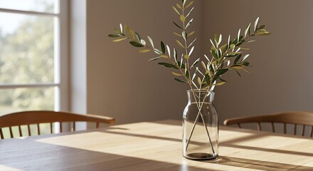 Minimalist still life of olive branches in glass vase on wooden dining table. Natural home interior with sunlight from window. Japandi style decor concept
