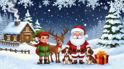Santa claus, elf, reindeer, and puppies in a snowy christmas village