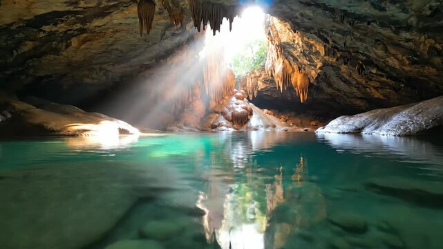 Natural cave formation with sunlight beam and underground water pool