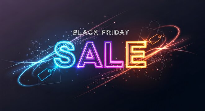 Black friday sale neon glowing text with light trails on dark background