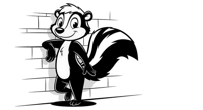 Charming cartoon skunk character leaning against a brick wall.