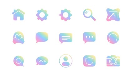 Holographic icon set for website and app design with gradient colors