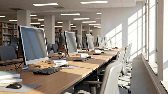 Modern Computer Lab Interior with Rows of Desks Monitors Chairs and Natural Sunlight