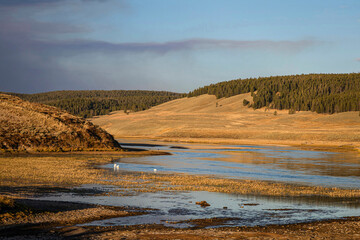 Golden Evening Light on Meandering River Through Rolling Grasslands