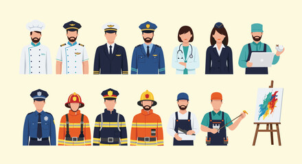 A diverse collection of illustrations showcasing people in various professional occupations, including healthcare, emergency services, culinary, aviation, and trades.