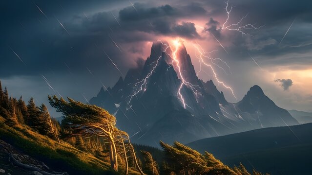Dramatic Thunderstorm and Lightning Over Jagged Peaks.
A highly dramatic digital painting capturing a severe thunderstorm with multiple intense lightning strikes hitting dark, jagged mountain peaks. T - Powered by Adobe