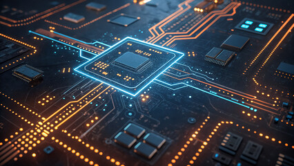 Advanced microchip surrounded by glowing digital circuitry representing high-performance computing technology
