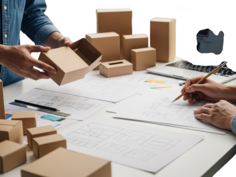 Team discussing packaging design over blueprint with cardboard boxes transparent background - Powered by Adobe