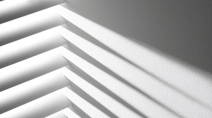 Obraz premium Window blinds shadow overlay on white background, clean minimal aesthetic, soft diagonal shadows, modern studio style 
