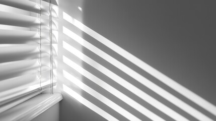Window blinds shadow overlay on white background, clean minimal aesthetic, soft diagonal shadows, modern studio style 
