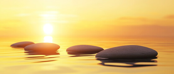 Zen path of stones on sunset in widescreen， Generative AI