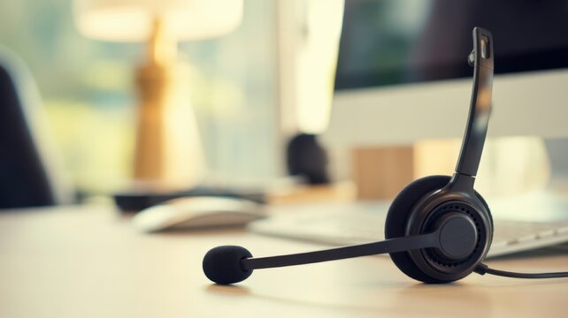 Customer Support Headset at Workspace: A close-up showcases a customer service headset resting on a clean desk next to a monitor and keyboard.