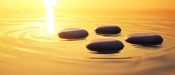 Zen path of stones on sunset in widescreen， Generative AI