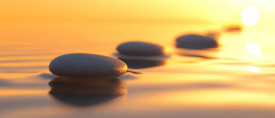 Zen path of stones on sunset in widescreen， Generative AI