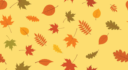 Fototapeta premium A vibrant seamless pattern featuring a variety of colorful autumn leaves scattered across a warm yellow background, perfect for fall designs.