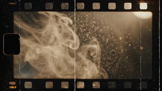 Nostalgic Film Strip: An aged film strip frames a mysterious, ethereal scene with wisps of smoke and glimmering particles, evoking a sense of time and memory.