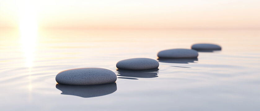 Zen path of stones on ocean n widescreen,  generative ai