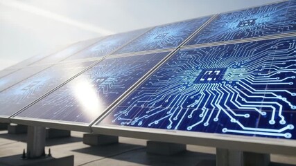 Close up of solar panels with circuit board design reflecting the future of energy technology - Powered by Adobe