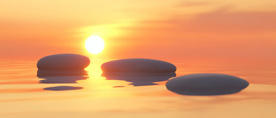 Zen path of stones on sunset in widescreen， Generative AI