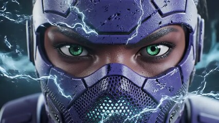 Futuristic cyborg face wearing purple mask with electric sparks