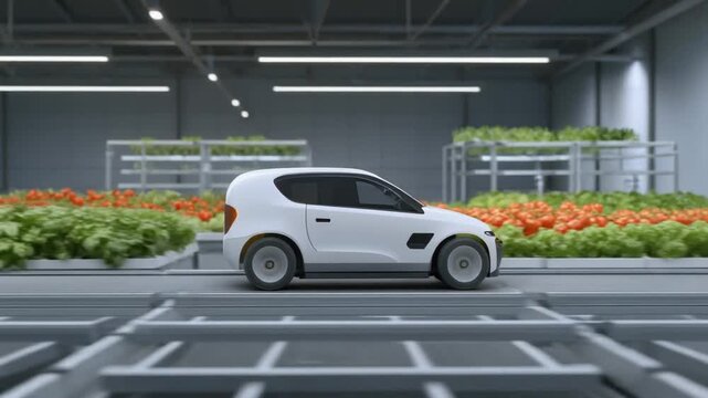 Futuristic vehicle amidst hydroponic farm rows
