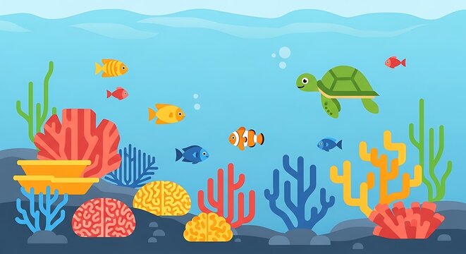 Vibrant underwater scene with diverse marine life and colorful coral reefs.