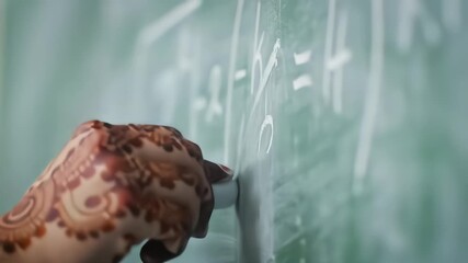 Close up of female student hand with traditional henna mehndi tattoo writing mathematical equations on green chalkboard with white chalk