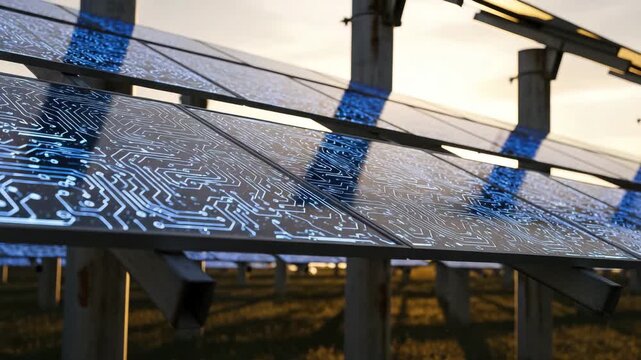 Closeup of solar panels with circuit board pattern reflecting the future of renewable energy
