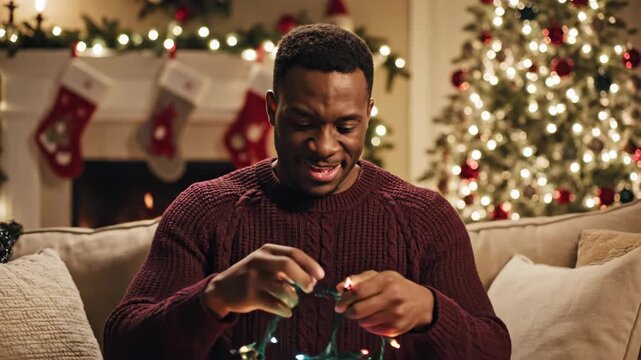 Happy young man smiling while untangling mess of colorful Christmas lights. Festive holiday preparation and home decoration for winter season