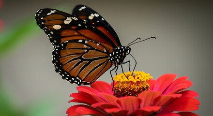 Obraz premium Monarch butterfly on vibrant red flower detailed macro photography image