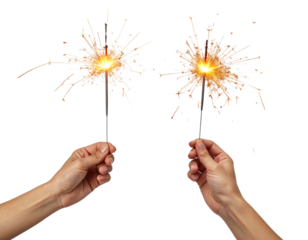 Bright Firework Sparkler Sticks in Hand Set, isolated on transparent background