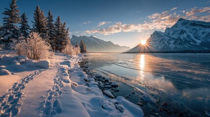 Golden sunrise illuminates a pristine winter landscape with frosted trees, majestic mountains, and a frozen lake shore with footprints.