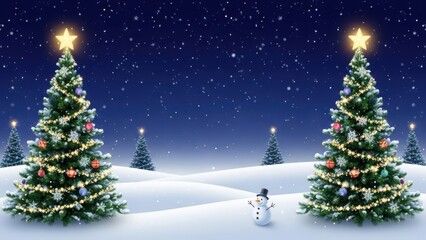 Christmas trees in a snowy winter landscape with a snowman under a starry night