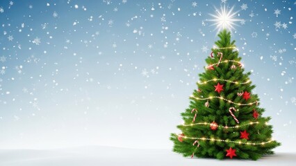 Obraz premium Beautifully decorated christmas tree with a shining star in a snowy winter scene