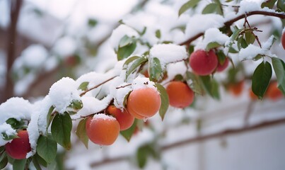 Snowflakes are falling heavily, and the persimmon trees are laden with fruit. In the icy weather, the trees appear exceptionally resilient, with plump and enticing persimmons