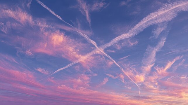 Colorful sunset sky with wispy pink and purple clouds and intersecting white airplane contrails during twilight. - Powered by Adobe