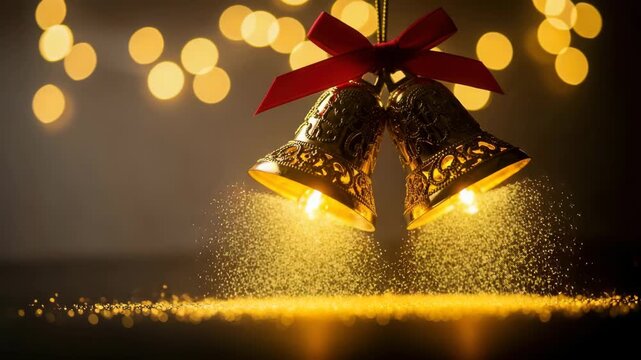 Golden christmas bells with a red ribbon and sparkling light, creating a festive and magical atmosphere