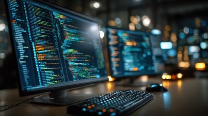 Programming code displayed on modern computer monitors in a data center or office at night, showcasing software development and cybersecurity concepts.