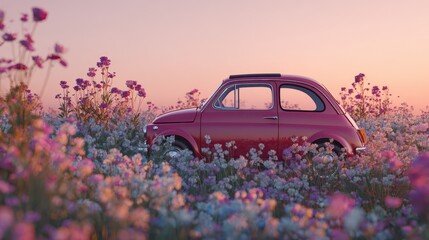 Classic red car resting peacefully in a field of colorful wildflowers under a serene pastel sky at dusk.