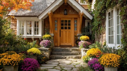 Charming house entrance with colorful fall chrysanthemums lining a stone path and steps, welcoming home abode