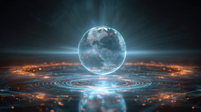Global digital network connectivity with glowing earth hologram and data lines illustrating modern technology. - Powered by Adobe