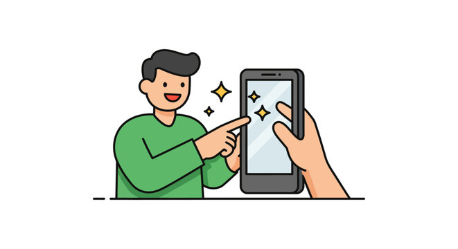 Touching clean phone screen concept man interacts with a smartphone held by another symbolizing ease of use and modern technology for digital ads.