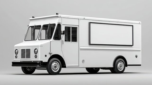White delivery step van or food truck with blank billboard screen for custom branding, isolated mock-up.