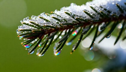 Detailed macro shot of a frosty green pine needle branch adorned with glistening melting snow and delicate ice shards, featuring brilliant rainbow-colored reflections in sunlit water droplets, set aga